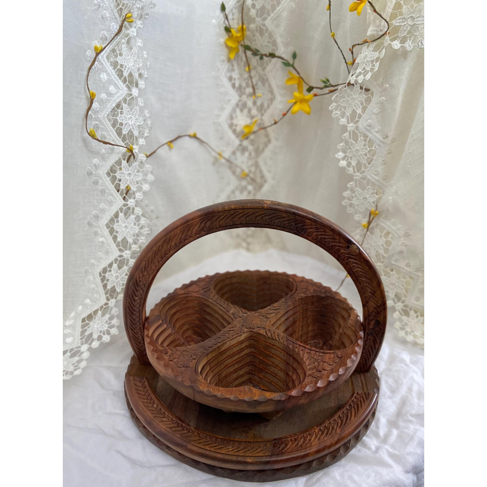 Wooden handCarved Collapsible fruit/snacks Basket,vintage decorative basket